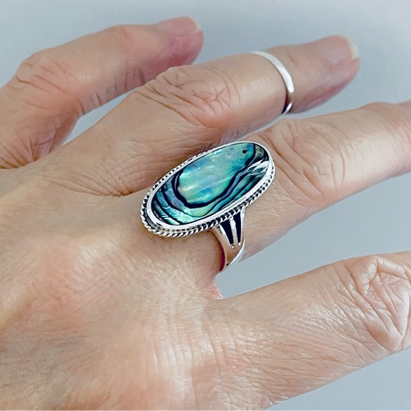 Sterling Silver Statement Abalone Ring, Silver Ring, Seashell Stone, Ocean Shell - Picture 10 of 12